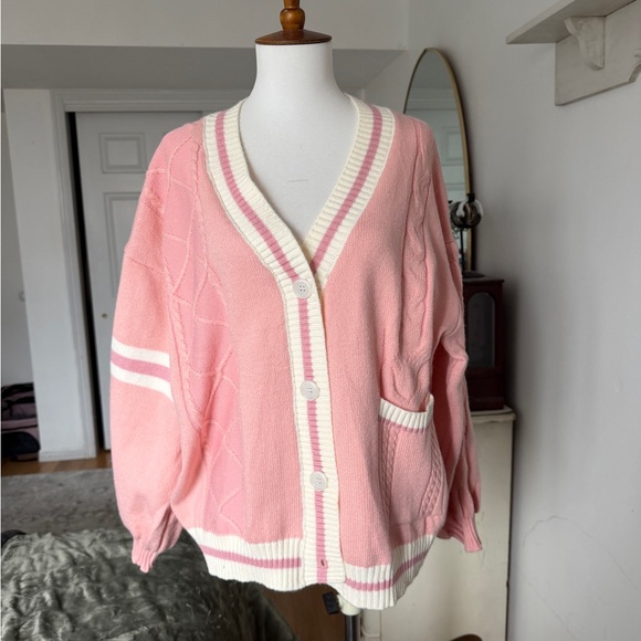 Pink and White Women's Cardigan Sweater - Picture 2 of 3